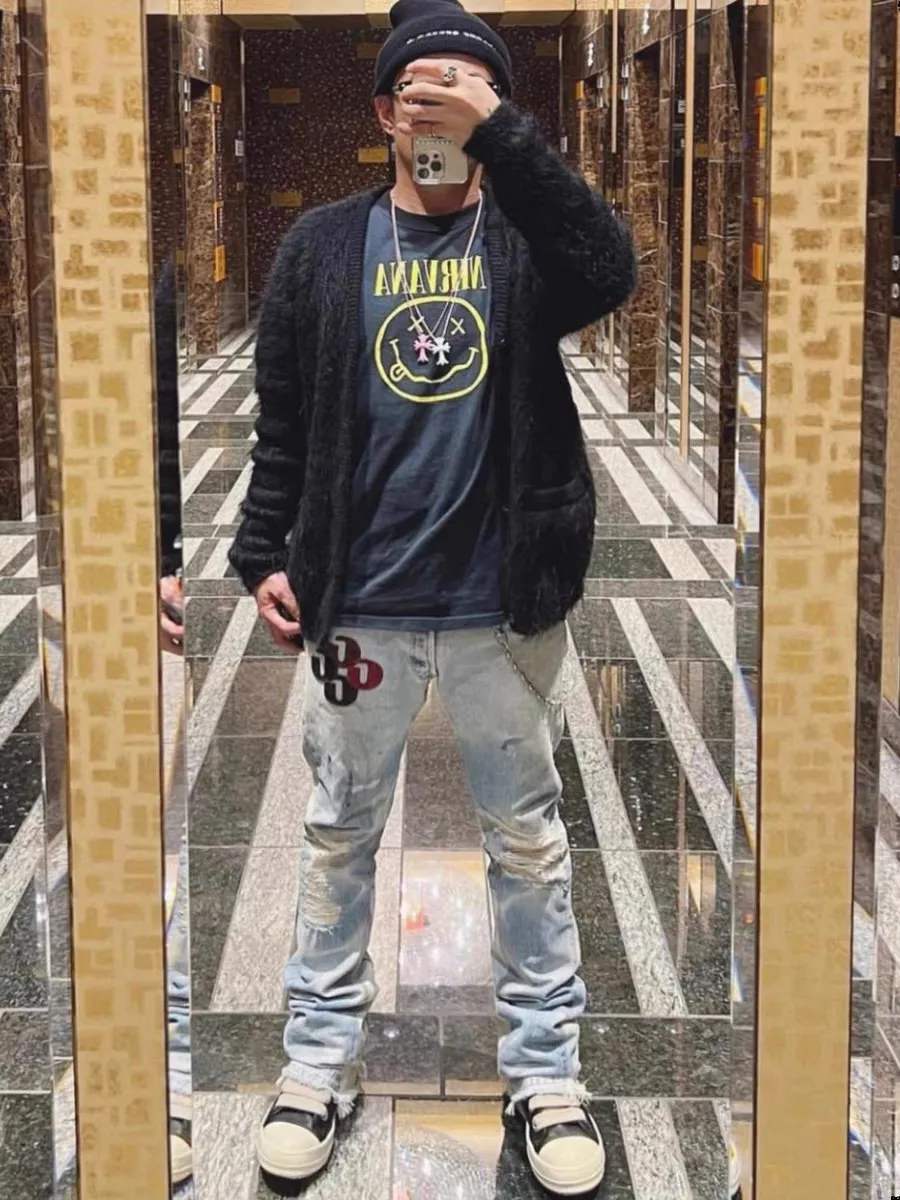 640#Gallery Dept New Style Spliced ​​Leather Label Leather Seal Water Ripple Washed Blue Destroyed Splicing Micro-Boot Jeans American High Street Flared Trousers Washed Blue S~XL p290
